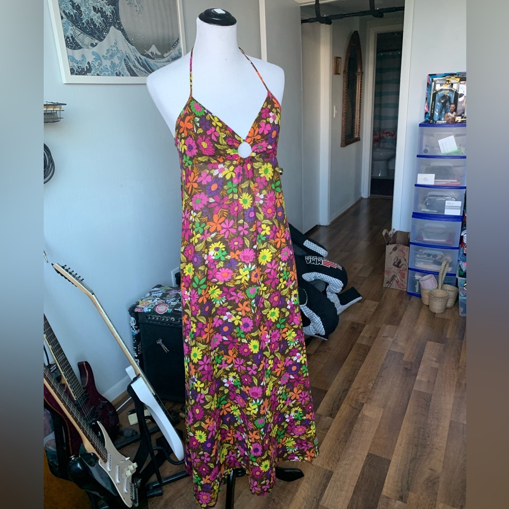 Free People Dress Womens 6 Floral Halter Maxi Tie Back Linen Blend Boho Beachy